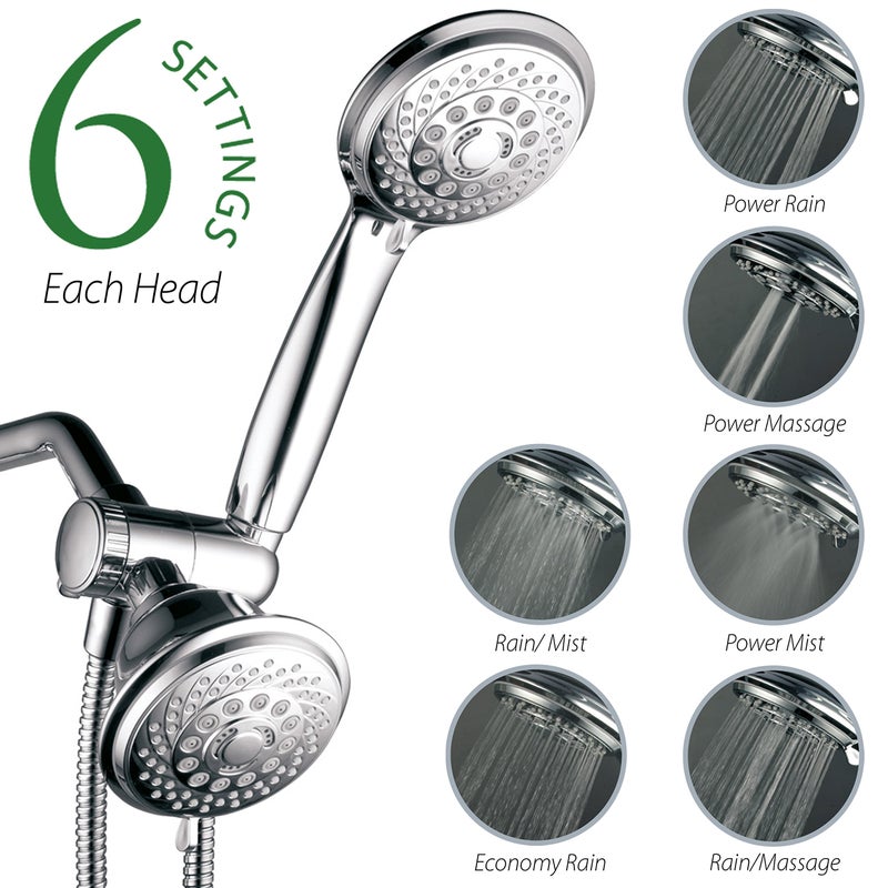Hotel Spa 4-Inch Twin Shower Head Combo, Chrome, 30-Setting Shower Heads, 6-Foot Stainless Steel Hose, Ultra-Luxury, Showerspa - Image 4